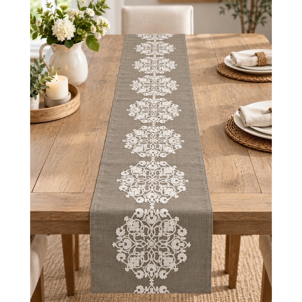 Nicole Miller Home Table Runner Gray White Embroidered Lace 16x72 Farmhouse
